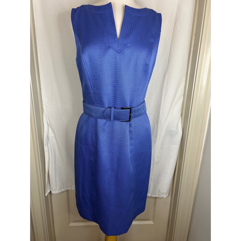 Tahari Arthur S Levine Blue Textured Sheath Dress V Neck Belted Size 8‎